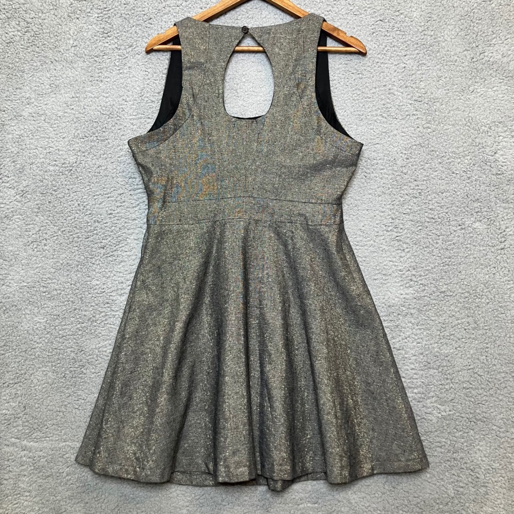 KK Keyhole Fit Flare Dress Women L Metallic Gold Black Linen Cotton Party Mini - Picture 2 of 8